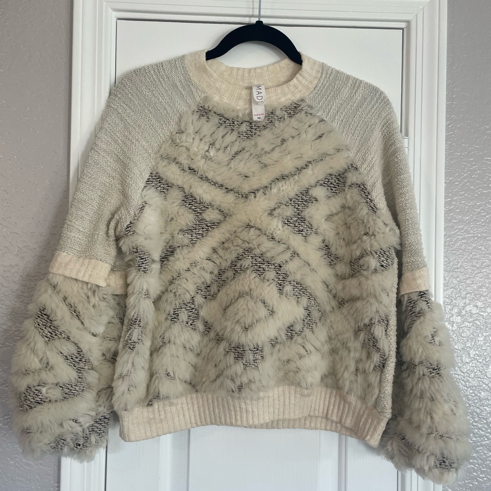 Amadi Anthropologie Textured Knit Faux Fur Calista Sweater Sz Med Made In USA